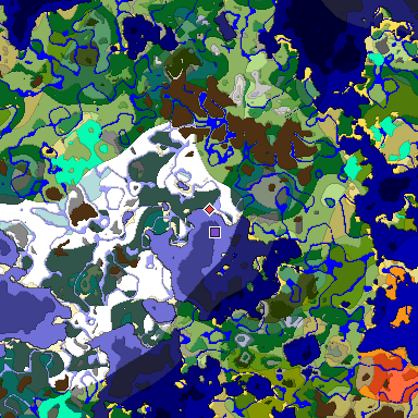 Predicted biome map of Java 1.18 seed 7038968433444489418 around estimated spawn