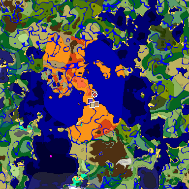Predicted biome map of Java 1.18 seed -6635055578546465829 around estimated spawn