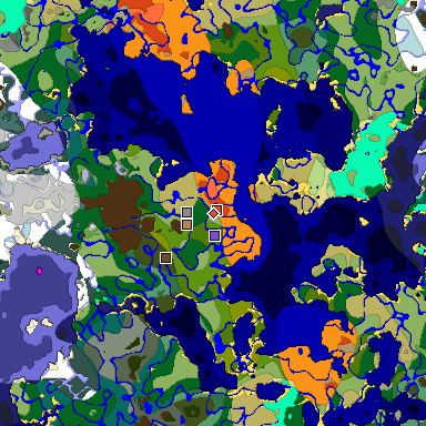 Predicted biome map of Java 1.18 seed -6785223247536814118 around estimated spawn