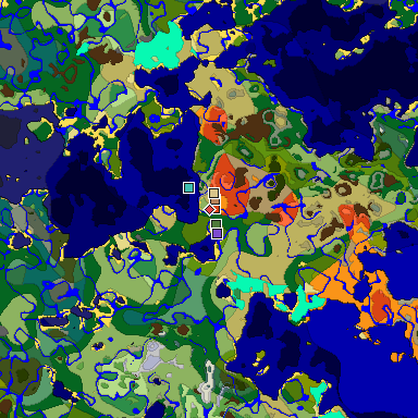 Predicted biome map of Java 1.18 seed 4646566994674302647 around estimated spawn