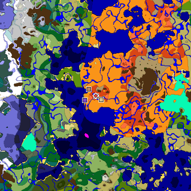 Predicted biome map of Java 1.18 seed 3774459783760489557 around estimated spawn