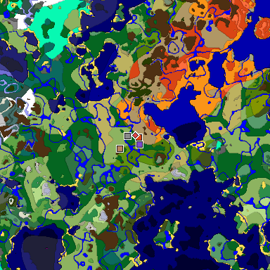 Predicted biome map of Java 1.18 seed 3106883549964695989 around estimated spawn