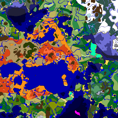 Predicted biome map of Java 1.18 seed -272096219896934677 around estimated spawn