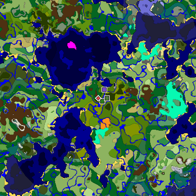 Predicted biome map of Java 1.18 seed -3952441736126006242 around estimated spawn