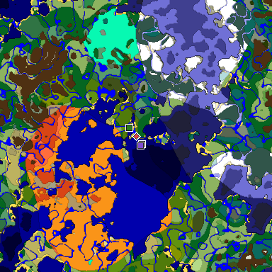 Predicted biome map of Java 1.18 seed 5613779216336526451 around estimated spawn
