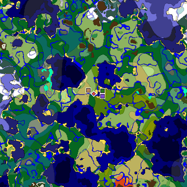 Predicted biome map of Java 1.18 seed -3631346036844343681 around estimated spawn