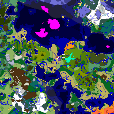 Predicted biome map of Java 1.18 seed 2908767853664781619 around estimated spawn