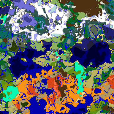 Predicted biome map of Java 1.18 seed -4856492239904230122 around estimated spawn