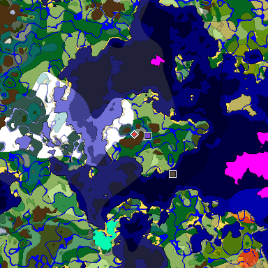 Predicted biome map of Java 1.18 seed 5055340456055330141 around estimated spawn