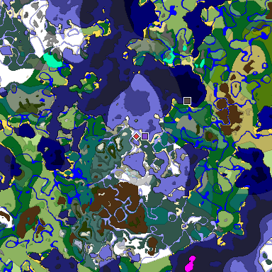 Predicted biome map of Java 1.18 seed -8757721424526639700 around estimated spawn