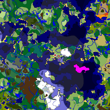 Predicted biome map of Java 1.18 seed -5677121859246835430 around estimated spawn