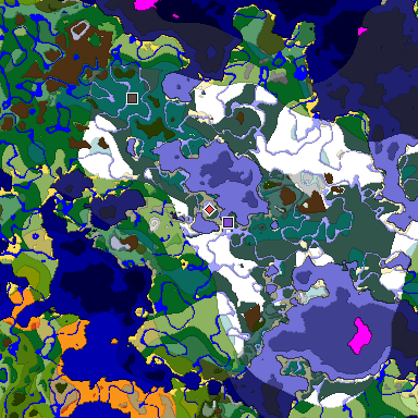 Predicted biome map of Java 1.18 seed -1047343316206276733 around estimated spawn