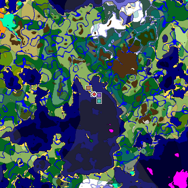 Predicted biome map of Java 1.18 seed 3880311355308702653 around estimated spawn