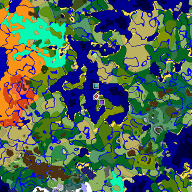 Predicted biome map of Java 1.18 seed -3826936483921689907 around estimated spawn