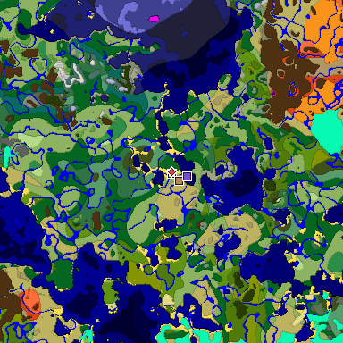 Predicted biome map of Java 1.18 seed -5112425741497255470 around estimated spawn