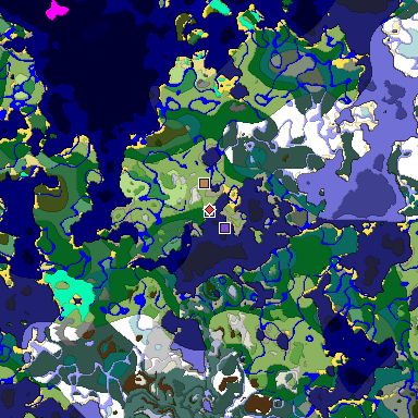 Predicted biome map of Java 1.18 seed -25139630450971015 around estimated spawn