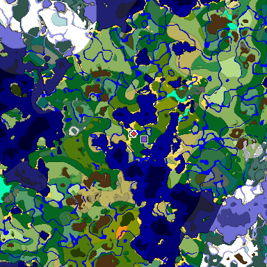 Predicted biome map of Java 1.18 seed 2936093382548642604 around estimated spawn