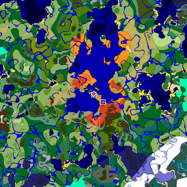 Predicted biome map of Java 1.18 seed -879974322432202612 around estimated spawn