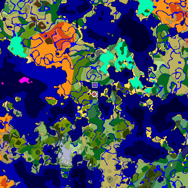 Predicted biome map of Java 1.18 seed -1696008002829778343 around estimated spawn