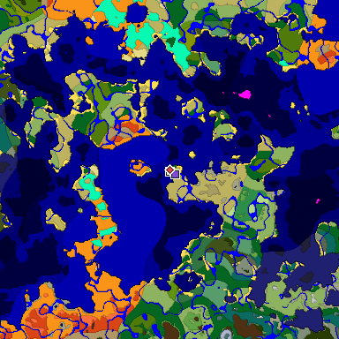 Predicted biome map of Java 1.18 seed 1371606851085415412 around estimated spawn