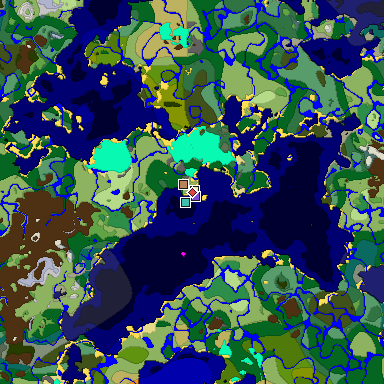 Predicted biome map of Java 1.18 seed -3635469688674947325 around estimated spawn