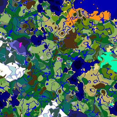 Predicted biome map of Java 1.18 seed -1600879029122908578 around estimated spawn
