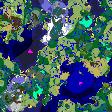 Predicted biome map of Java 1.18 seed 8920702769918291210 around estimated spawn