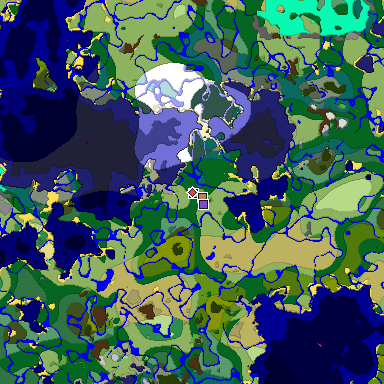 Predicted biome map of Java 1.18 seed -5708490834230755874 around estimated spawn
