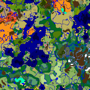Predicted biome map of Java 1.18 seed -2448472546078937490 around estimated spawn