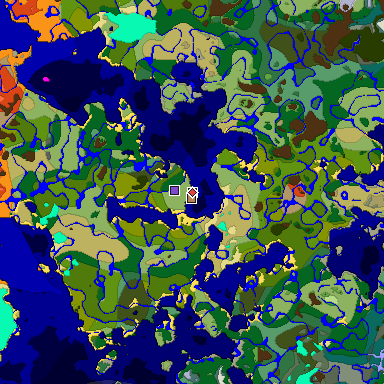 Predicted biome map of Java 1.18 seed 7132783021156727139 around estimated spawn