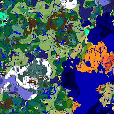 Predicted biome map of Java 1.18 seed 7299413680362446261 around estimated spawn