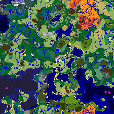 Predicted biome map of Java 1.18 seed 6458853246276042030 around estimated spawn