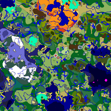 Predicted biome map of Java 1.18 seed 4309619372596650999 around estimated spawn