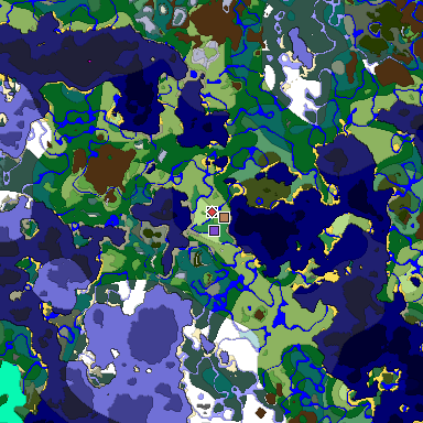 Predicted biome map of Java 1.18 seed -1751414975420282220 around estimated spawn