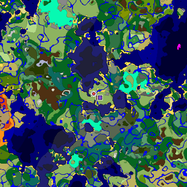 Predicted biome map of Java 1.18 seed 813941718325254577 around estimated spawn