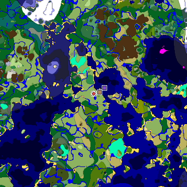 Predicted biome map of Java 1.18 seed -6079084505628466351 around estimated spawn