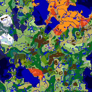 Predicted biome map of Java 1.18 seed 2928818931452098514 around estimated spawn