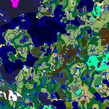 Predicted biome map of Java 1.18 seed -1886152127365663645 around estimated spawn