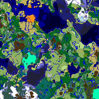 Predicted biome map of Java 1.18 seed 3325393107062475705 around estimated spawn