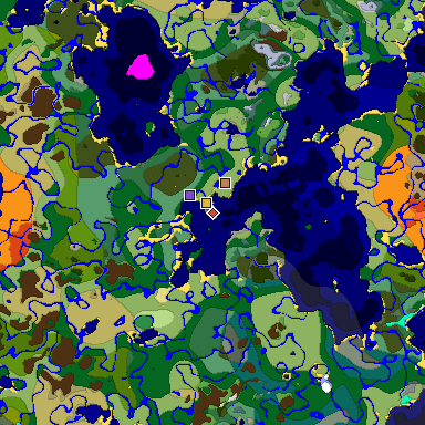 Predicted biome map of Java 1.18 seed -2848616282869019346 around estimated spawn