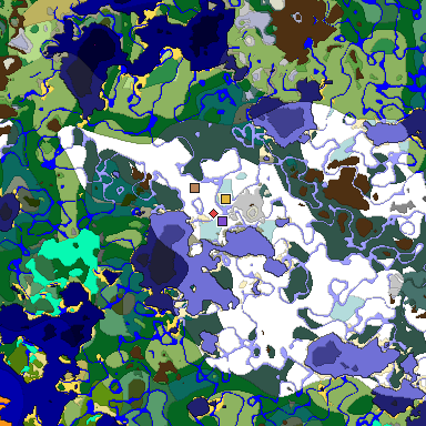 Predicted biome map of Java 1.18 seed -4489622436392837439 around estimated spawn