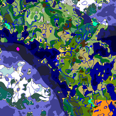 Predicted biome map of Java 1.18 seed -5546799399783588104 around estimated spawn