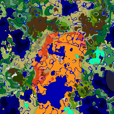 Predicted biome map of Java 1.18 seed -2271766512972838982 around estimated spawn