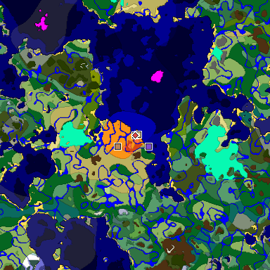 Predicted biome map of Java 1.18 seed -2893360608213657172 around estimated spawn