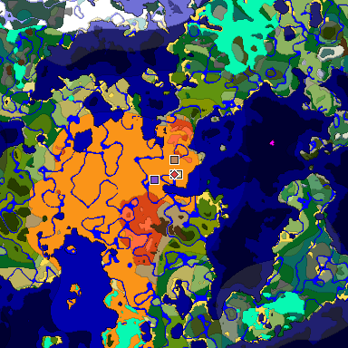 Predicted biome map of Java 1.18 seed -3183895381113618644 around estimated spawn