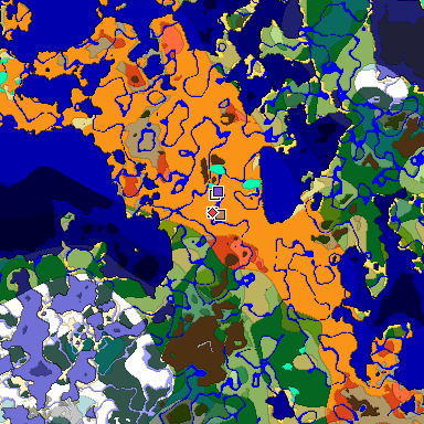 Predicted biome map of Java 1.18 seed 7910923316678682121 around estimated spawn