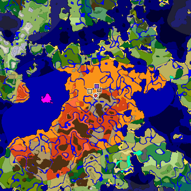 Predicted biome map of Java 1.18 seed 7181036596773352916 around estimated spawn