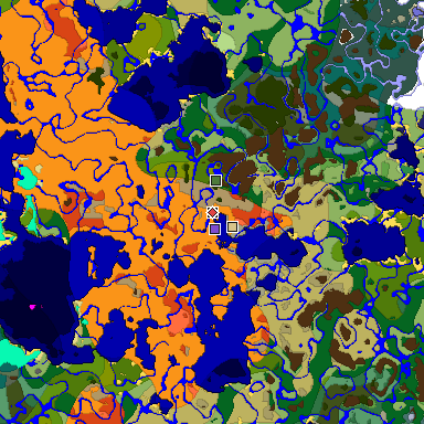 Predicted biome map of Java 1.18 seed -2359377568692970902 around estimated spawn
