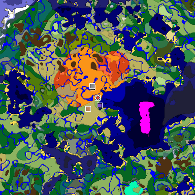 Predicted biome map of Java 1.18 seed -4687516595352021304 around estimated spawn