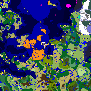 Predicted biome map of Java 1.18 seed -3353224668925824853 around estimated spawn